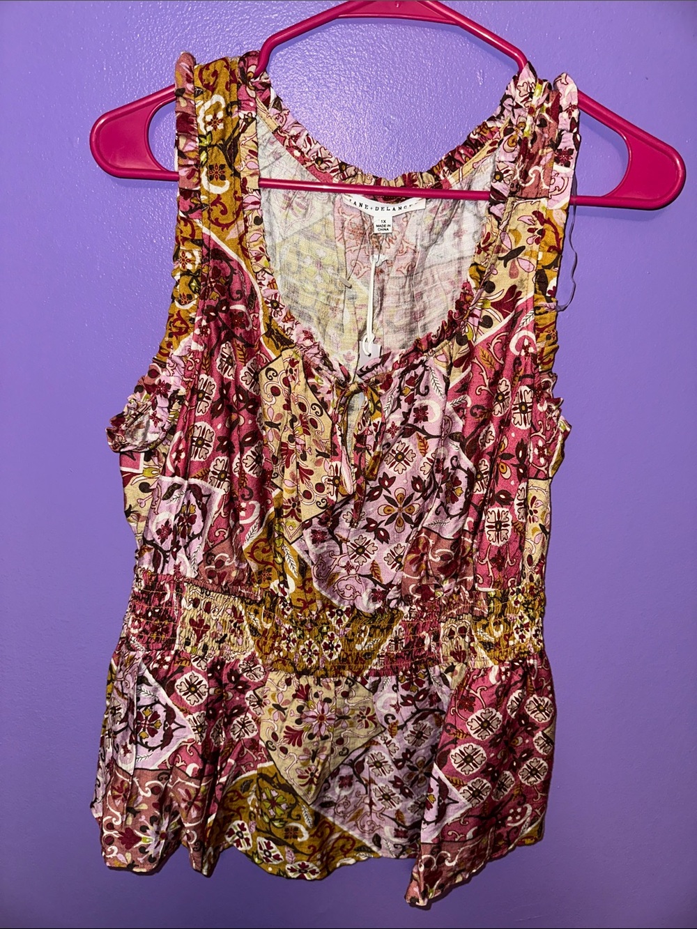 Rose & Olive Pink Gold Patchwork Floral Smocked Waist Cami boho hippie fashion